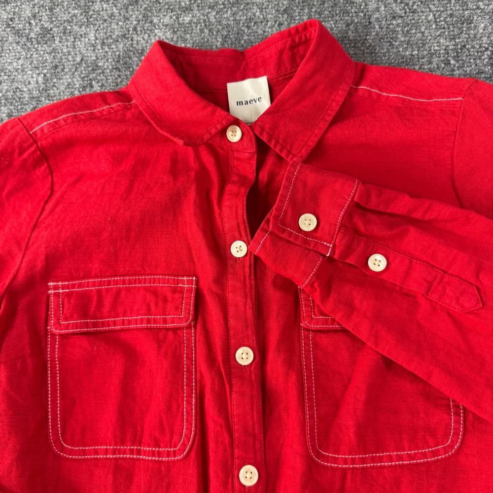 Maeve Button Down Shirt White Stitching Women XS Red Workwear Minimalist